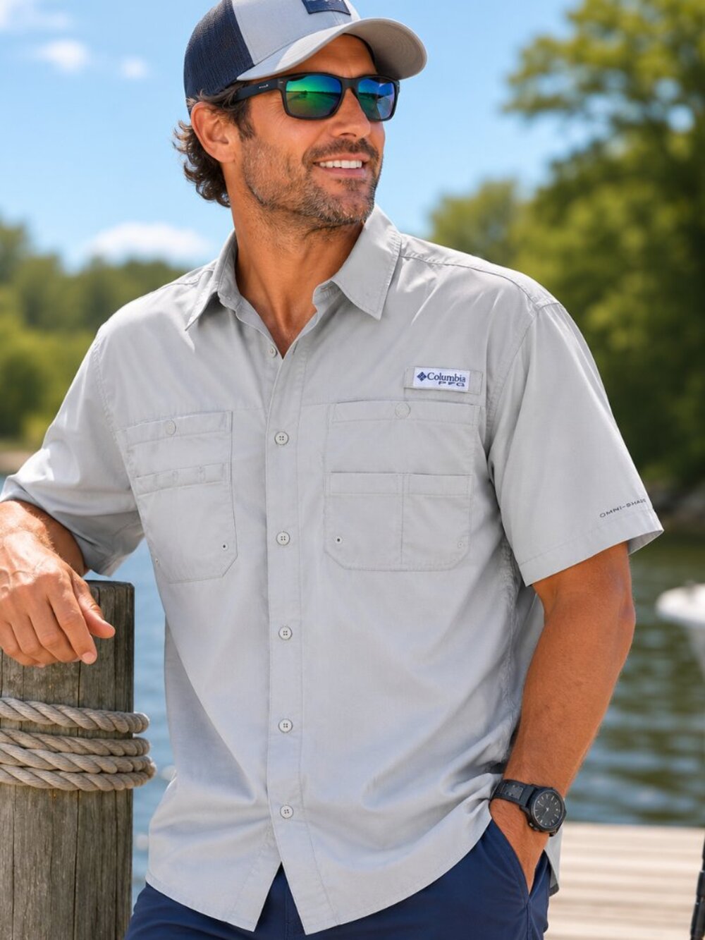 Columbia PFG Tamiami II Omni-Shade Fishing Shirt M Cool Grey UPF 40